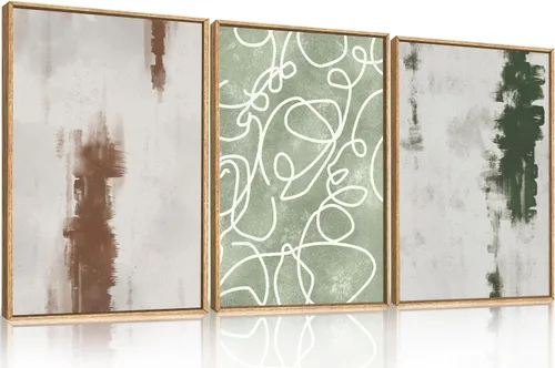 Miniatura 26 de Aryroi Juego de arte de pared en lienzo abstracto grande con marco floral, estilo bohemio, retro, neutro, flores silvestres, arte botánico de flores