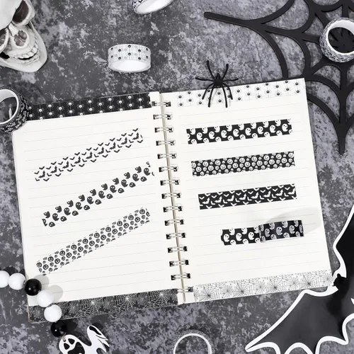 Miniatura 4 de Whaline 12 rollos de cintas Washi de Halloween, color blanco y negro, fantasma, murciélago, araña, calabaza, Washi, cinta adhesiva de 0.591 in
