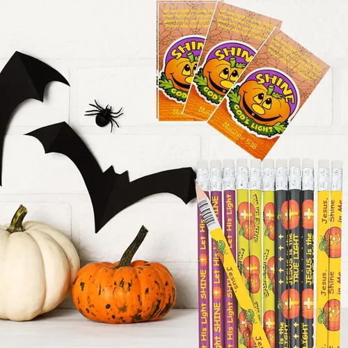 Miniatura 6 de Biblebanz 24 juegos de lápices de calabaza cristiana con Let Your Light Shine a granel calabaza Halloween tarjetas de bolsillo tronco o golosina