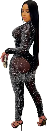 Miniatura 2 de Conjunto de 2 piezas sexy de malla con diamantes de imitación para mujer pantalones ajustados para fiesta club conjunto deportivo