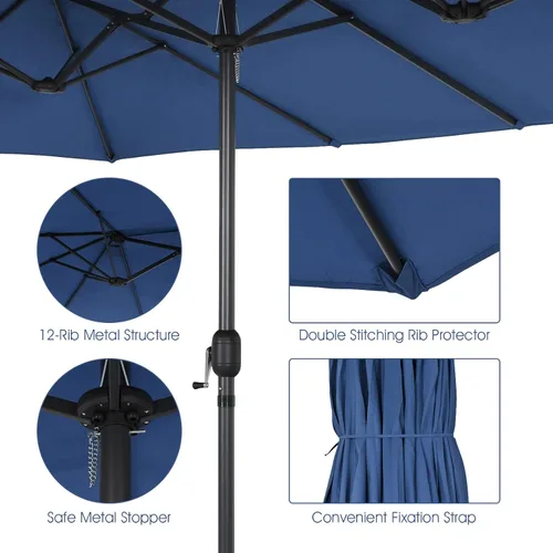 Miniatura 6 de Tangkula Sombrilla de patio de doble cara de 15 pies, sombrilla extragrande para exteriores con sistema de manivela y rejillas de ventilación, Azul