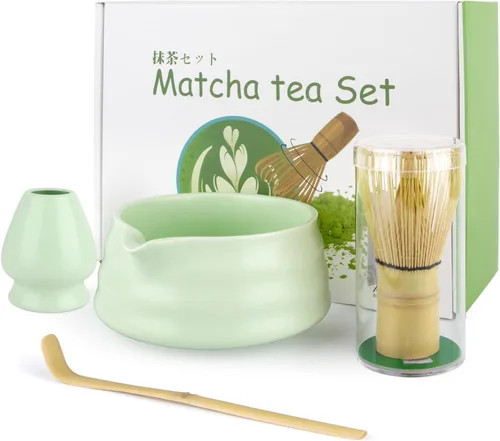 Kit de inicio de matcha de 4 piezas – Tazón de cerámica matcha, batidor de bambú, cuchara y soporte – Juego tradicional de matcha japonés para el