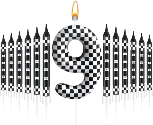 Miniatura 15 de 13 piezas de velas temáticas de coches de carreras para cumpleaños en negro y blanco con número de carrera 1 a cuadros, velas para tarta de coche