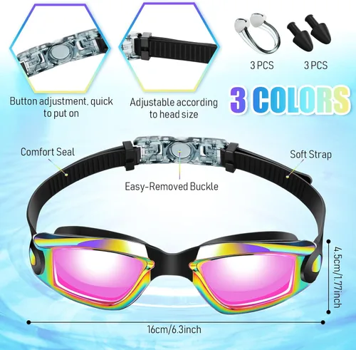 Miniatura 2 de Flutesan Paquete de 3 gafas de natación sin fugas, de silicona, antivaho con clip para la nariz, tapones para los oídos para adultos y niños, 3