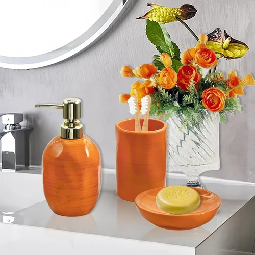 Miniatura 4 de Juego de accesorios de baño naranja quemado, 3 piezas de cerámica completa, soportes para cepillos de dientes, dispensador de jabón, jabonera