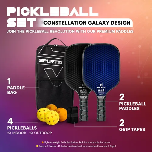 Miniatura 2 de Juego de 2 palas de pickleball aprobadas por USAPA con superficie de fibra de vidrio con 2 raquetas de pickleball, 4 bolas, cintas de agarre y bolsa