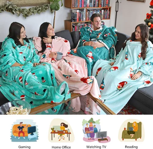 Miniatura 6 de Catalonia Manta con estampado navideño con mangas y bolsillo, acogedora manta de forro polar suave de visón, manta de microfelpa para mujeres y Elfo