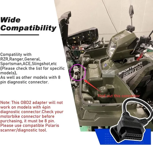 Miniatura 2 de Cable adaptador OBD1 de 8 pines para motocicleta Polaris ATV RZR a OBD2 de 16 pines, conector de diagnóstico para motocicleta, compatible