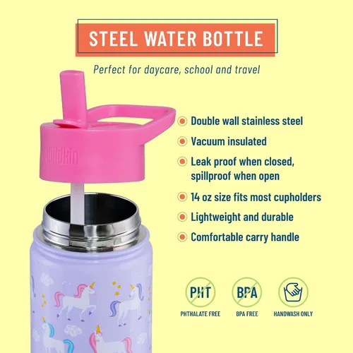 Miniatura 5 de Wildkin Paquete de maleta rodante con botella de agua reutilizable de acero de 14 onzas (unicornio)