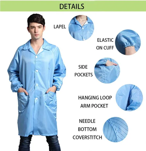 Miniatura 3 de ESD - Vestido de manga larga unisex antiestático para laboratorio no elástico ajuste cómodo uniforme de solapa pequeño blanco