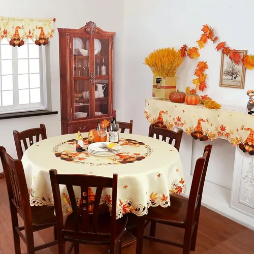 Miniatura 5 de Manteles bordados de gnomos y calabazas de cosecha de otoño para Acción de Gracias (redondo de 69 pulgadas)