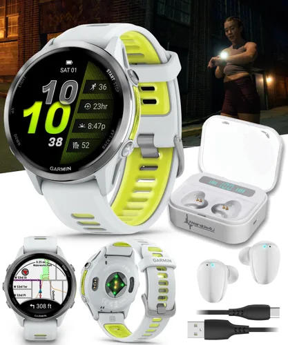 Miniatura 3 de Garmin Forerunner 955, reloj inteligente para correr con GPS, adaptado a triatletas, batería de larga duración, Whitestone con auriculares blancos