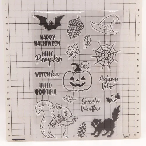 Miniatura 3 de Sellos transparentes de calabaza de Halloween para hacer tarjetas o diarios, frases de Halloween, ardilla, nueces, gatos, murciélagos, sellos