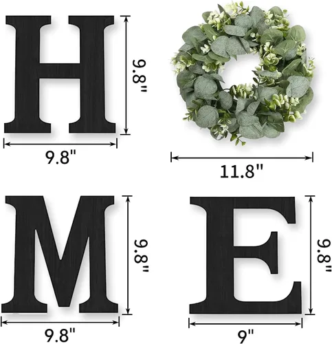 Miniatura 5 de Cartel colgante de madera con letras en inglés «HOME» (Hogar) con corona de eucalipto artificial para la letra «O», decoración de pared estilo Negro