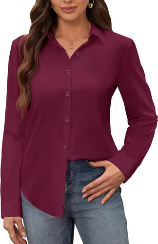 Miniatura 24 de Siliteelon - Camisas de vestir para mujer, a prueba de manchas, sin arrugas, de manga larga, sólidas, para trabajo y negocios, con botones