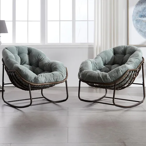 Miniatura 18 de HOMEFUN Juego de 2 mecedoras para patio al aire libre, sillas Papasan Rock de gran tamaño para interiores con cojín acolchado, asiento de huevo