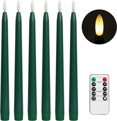 Stmarry Velas cónicas verdes sin llama con control remoto, velas LED de 11 pulgadas, funcionan con pilas, llama 3D realista con mecha, temporizador,