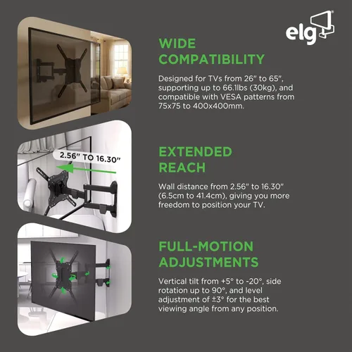 Miniatura 5 de ELG Soporte de pared articulado de movimiento completo para TV con giro, inclinación y extensión para televisores de 26-65" de hasta 66.1 libras