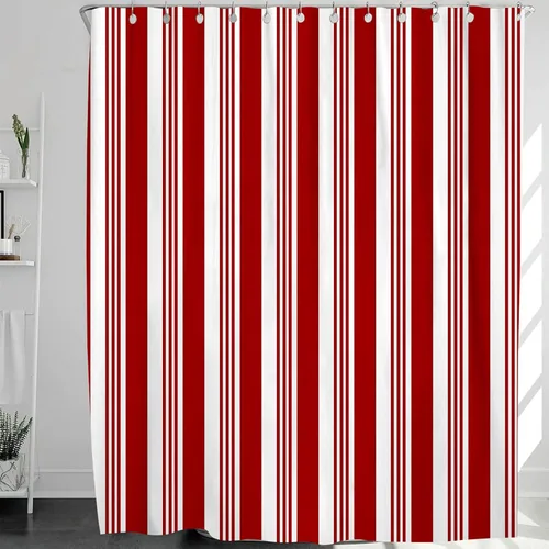 Miniatura 2 de Cortina de ducha de poliéster con patrón de bastón de caramelo rojo y blanco abstracto de Navidad, juego de cortinas con ganchos, impermeable, 24