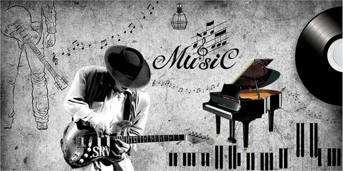 Murwall Papel pintado de notas musicales Piano Mural de pared de música oscura Impresión de pared Guitarra Decoración de pared Café Diseño Sala de