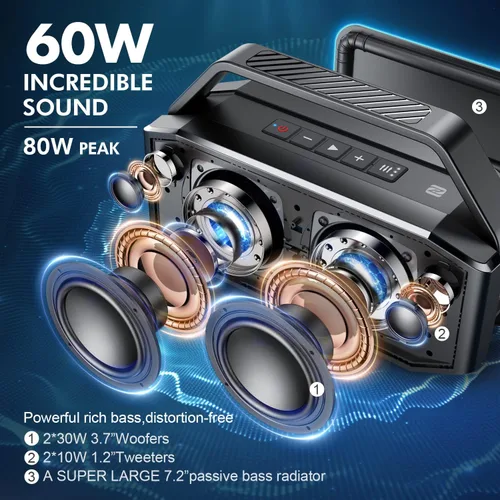 Miniatura 2 de W-KING Altavoces Bluetooth portátiles con subwoofer, 60 W (pico de 80 W) impermeable Bluetooth inalámbrico, graves