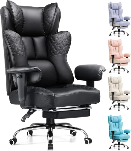 GTPLAYER Silla de Oficina Grande y Alta 400LBS Silla Ergonómica para Juegos Ancha con Cuero con Diseño de Relieve de Lujo con Reposapiés, Reclinable