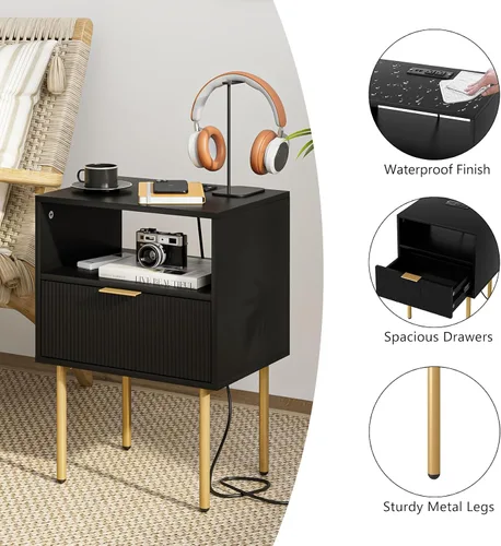 Miniatura 8 de Aienvey Mesita de noche con estación de carga, mesa auxiliar pequeña, mesita de noche moderna con cajones, mesita de noche para dormitorio, mesa