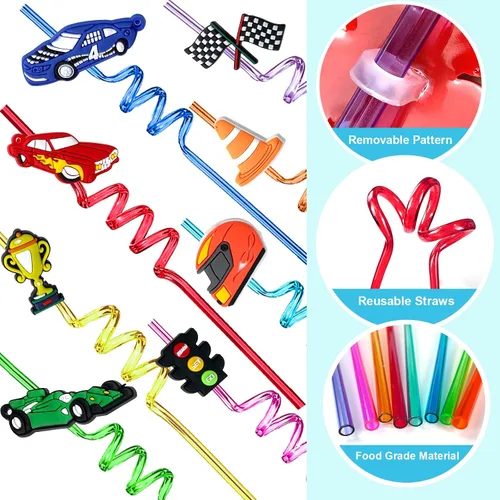 Miniatura 3 de 24 popotes reutilizables para decoración de fiesta de cumpleaños, suministros para fiestas de cumpleaños, marcadores de bebidas con 2 cepillos