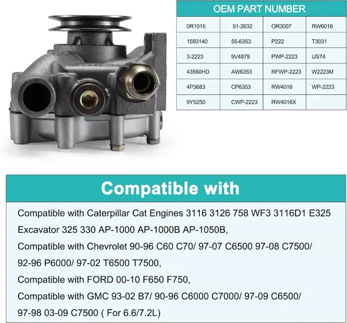 Miniatura 5 de Bomba de agua 4P3683 (cojinete C & U) 9Y5250 para Caterpillar CAT 3116 3126 0R1015 0R3007 Chevy C60 C6500 T6500 T7500 Ford F650 F750 GMC B7 C70000