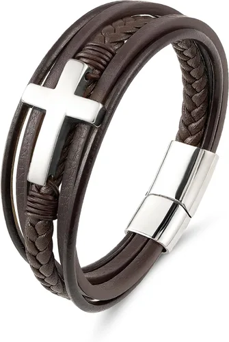 Miniatura 16 de Pulsera de cuero para hombre con cruz trenzada de varias capas con cierre de acero inoxidable, regalos religiosos cristianos para él