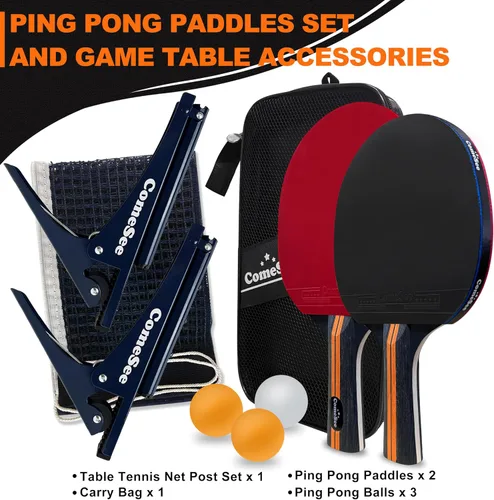 Miniatura 2 de Comesee Red de ping pong con abrazaderas plegables y juego de palas, raquetas y pelotas de tenis de mesa, postes de clip activados por resorte