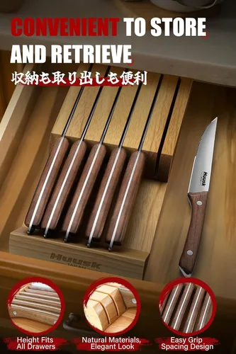 Miniatura 5 de Juego de cuchillos para carne Huusk de 6 con organizador de cajones - Juego de 4.5 pulgadas de cuchillos para carne japoneses serrados con bloque