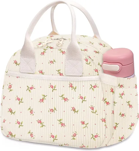 Miniatura 22 de Carry bloom Lonchera para mujer, lonchera aislada, bonita lonchera de pana reutilizable para el trabajo (1 rayas blancas y negras)