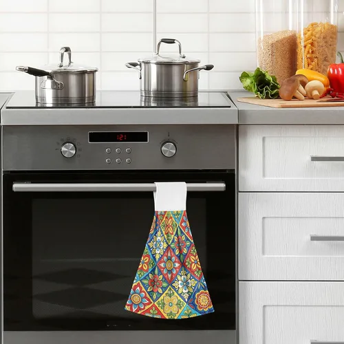 Miniatura 6 de 2 toallas de mano colgantes suaves y absorbentes con patrón de talavera mexicana para cocina y baño