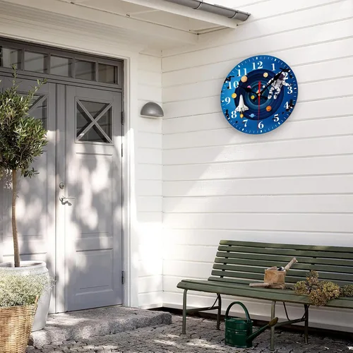 Miniatura 7 de Reloj de pared, astronauta y planetas espaciales, silencioso, sin tictac, funciona con pilas, redondo, decorativo, para interiores y exteriores