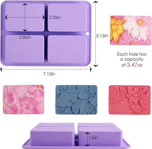 Miniatura 2 de Moldes de jabón de silicona, moldes de silicona con patrón de flores rectangulares 3D para jabón hecho a mano, bombas de baño, barras de chocolate