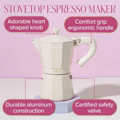 Miniatura 3 de Paris Hilton Cafetera de café y café para estufa, cafetera de estilo italiano y cubano con emblemática perilla de corazón, perfecta para expreso