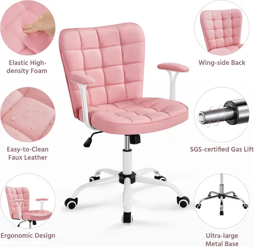 Miniatura 5 de Yaheetech Silla de oficina de piel sintética de respaldo medio, moderna silla inclinable ajustable con reposabrazos acolchados desmontables