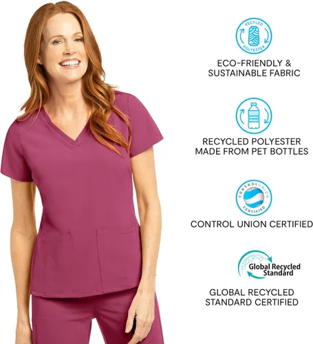 Miniatura 3 de Olive & Co. Camisas médicas para mujer, color rojo vino, moderno, ajustado, con cuello en V