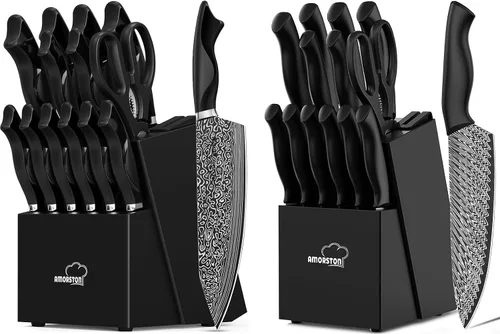 Amorston Juego de cuchillos, juego de cuchillos de cocina de 15 piezas con afilador integrado y juego de cuchillos de cocina de 15 piezas