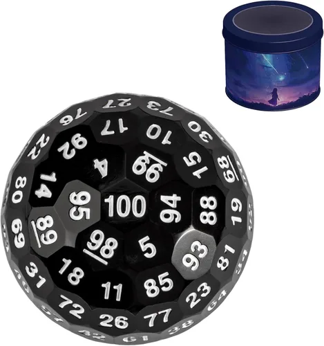 Miniatura 13 de Dados poliédricos mejorados de 100 caras (D100), 1.969 in, fuente negra/roja, dado único, dados de juego D&D, lata de almacenamiento de metal