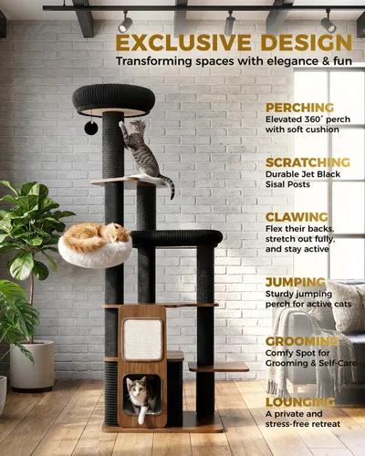 Miniatura 9 de Torre moderna de árbol para gatos de interior de 63 pulgadas, árboles resistentes para gatos grandes, torre de árbol para gatos adultos Maine Coon