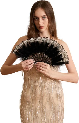 Happy Feather Abanico de plumas de marabú bordado, estilo vintage de los años 20, abanico de mano para fiesta de disfraces y baile, color negro