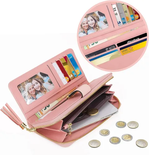 Miniatura 3 de Carteras RFID para mujer con múltiples ranuras para tarjetas y compartimento para teléfono celular, cartera para mujer, Rosa SakuraBlancoRosa