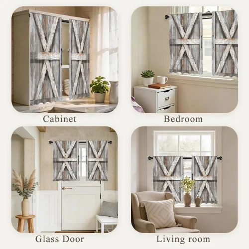 Miniatura 6 de Barn Door Printed Polyester Short Kitchen Curtains 27.5" W x 36" L, Rod Pocket Rustic Wood Door Curtains, Small Decorative Window Curtains for