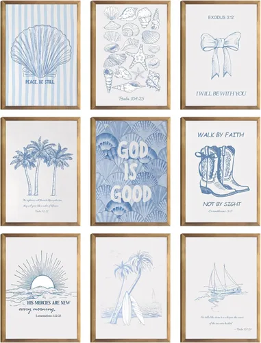 9 Piezas Arte de Pared Cristiano Costero Azul Pósteres de Conchas Marinas Versículos Bíblicos Inspiradores Océano Playa Estrella de Mar Palmera