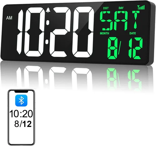 Reloj de pared digital de 17 pulgadas, pantalla grande, tiempo de sincronización Bluetooth, atenuación automática, reloj de pared digital grande con