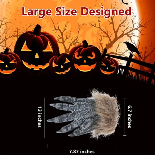 Miniatura 2 de Manos de hombre lobo de Halloween, garras de hombre lobo G-loves, látex lobo G-ama manos peludas aterradoras para fiesta de hombre lobo, accesorios