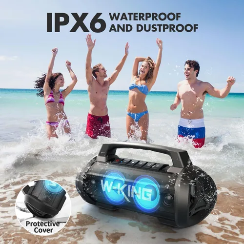 Miniatura 5 de W-KING Altavoz Bluetooth portátil con micrófono inalámbrico, 120 W pico 70 W RMS altavoces Bluetooth impermeables para exteriores, graves 110 dB, 42