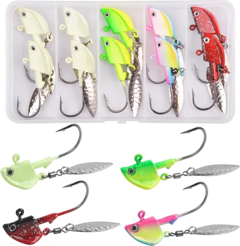 Jig Heads anzuelos de pesca, 10 piezas de Walleye Jigs Spinner Baits Underspin Jig Heads con hoja de sauce colorido pintado resplandor plantillas de